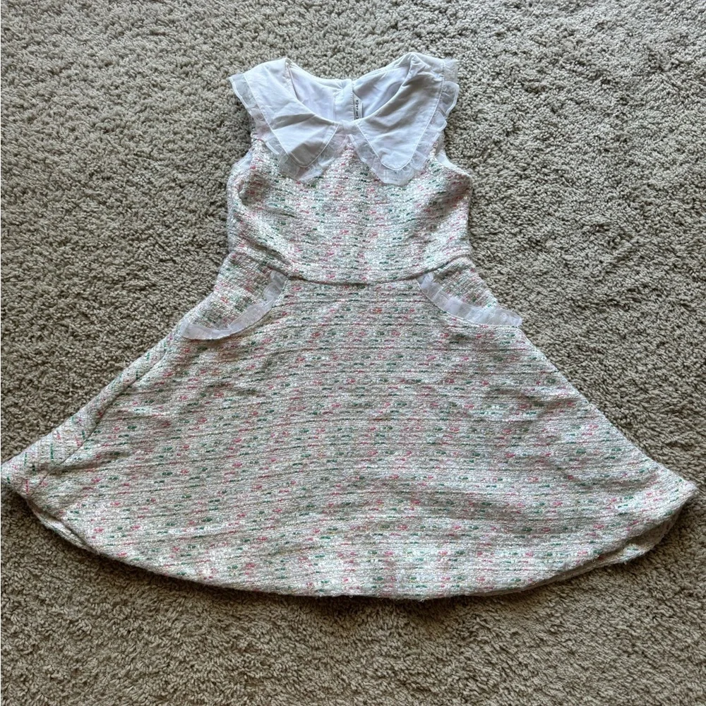 Janie and Jack Girls' Boucle Sheath Dress Sz 7 Pink Green White Sleeveless EUC